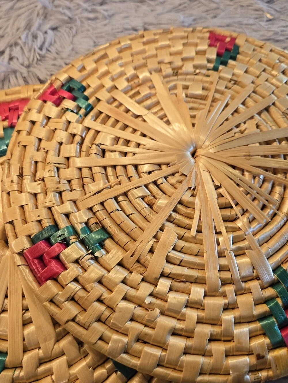 Vintage Trivets Handwoven Round Rattan Coasters with Red & Green Accents